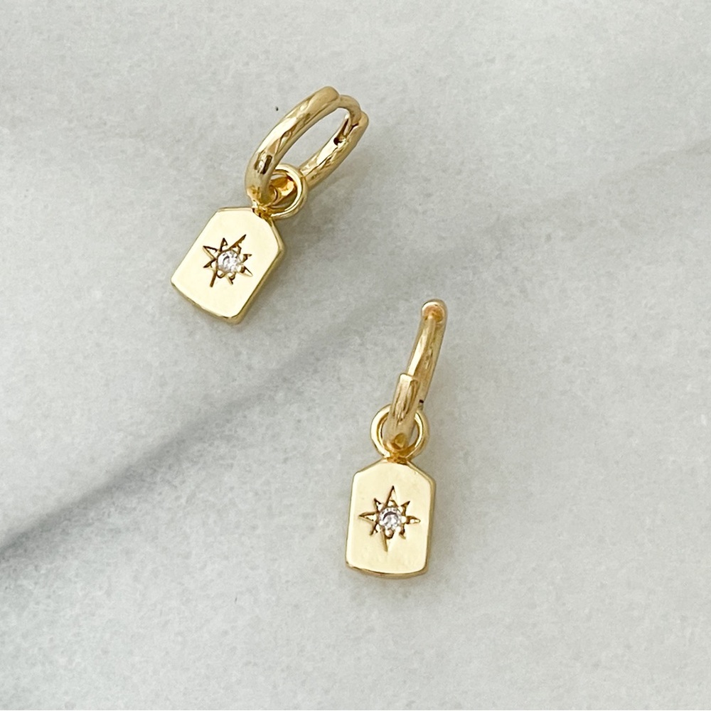 Gold Celestial Star tag dangle huggie earrings